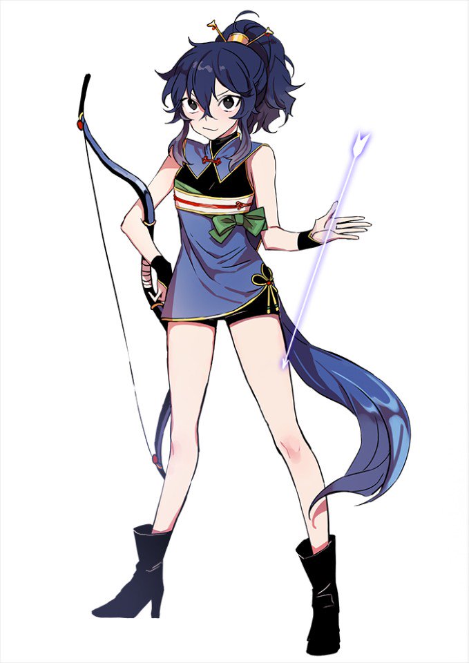 1girl arrow blue_hair boots bow_(weapon) character_request chinese_clothes copyright_request ecru hair_ornament high_heel_boots high_heels long_hair shoes shorts solo weapon