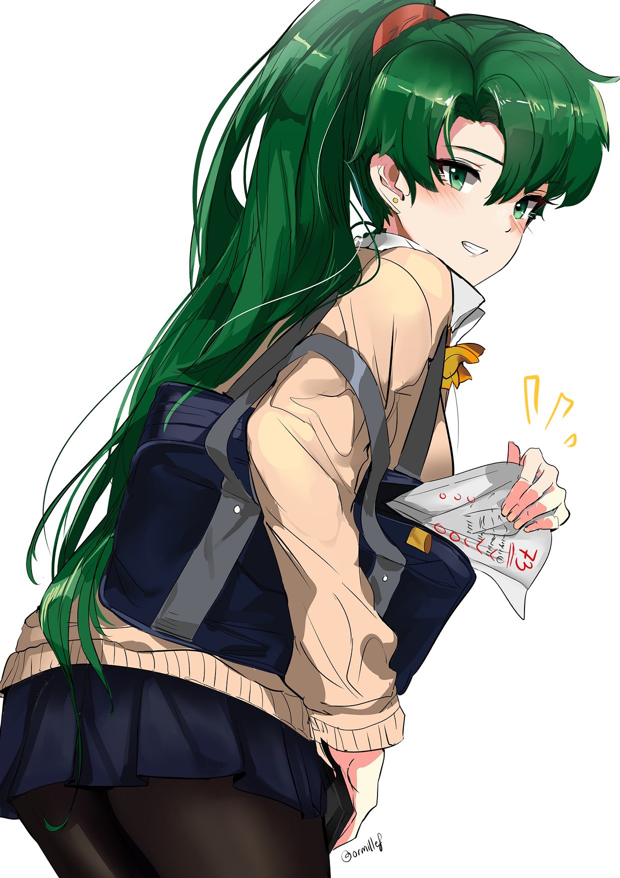 1girl blush breasts fire_emblem fire_emblem:_rekka_no_ken green_eyes green_hair high_ponytail highres long_hair looking_at_viewer lyndis_(fire_emblem) nag neckerchief open_mouth ormille pleated_skirt ponytail school_uniform serafuku simple_background skirt smile solo test v very_long_hair