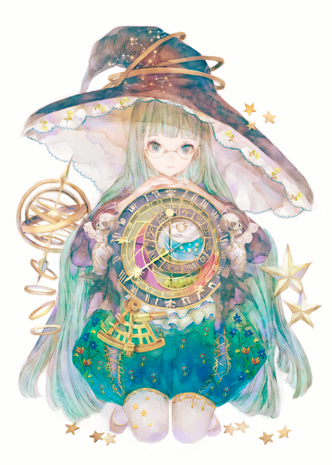 1girl aqua_eyes aqua_hair aqua_shorts armillary_sphere astrolabe bangs blunt_bangs constellation_print expressionless floating floating_object floral_print glasses hands_together hat kneeling long_hair long_sleeves looking_at_viewer original pantyhose print_hat print_shorts puffy_shorts sextant shorts skeleton solo star very_long_hair white_background white_legwear witch witch_hat yogisya