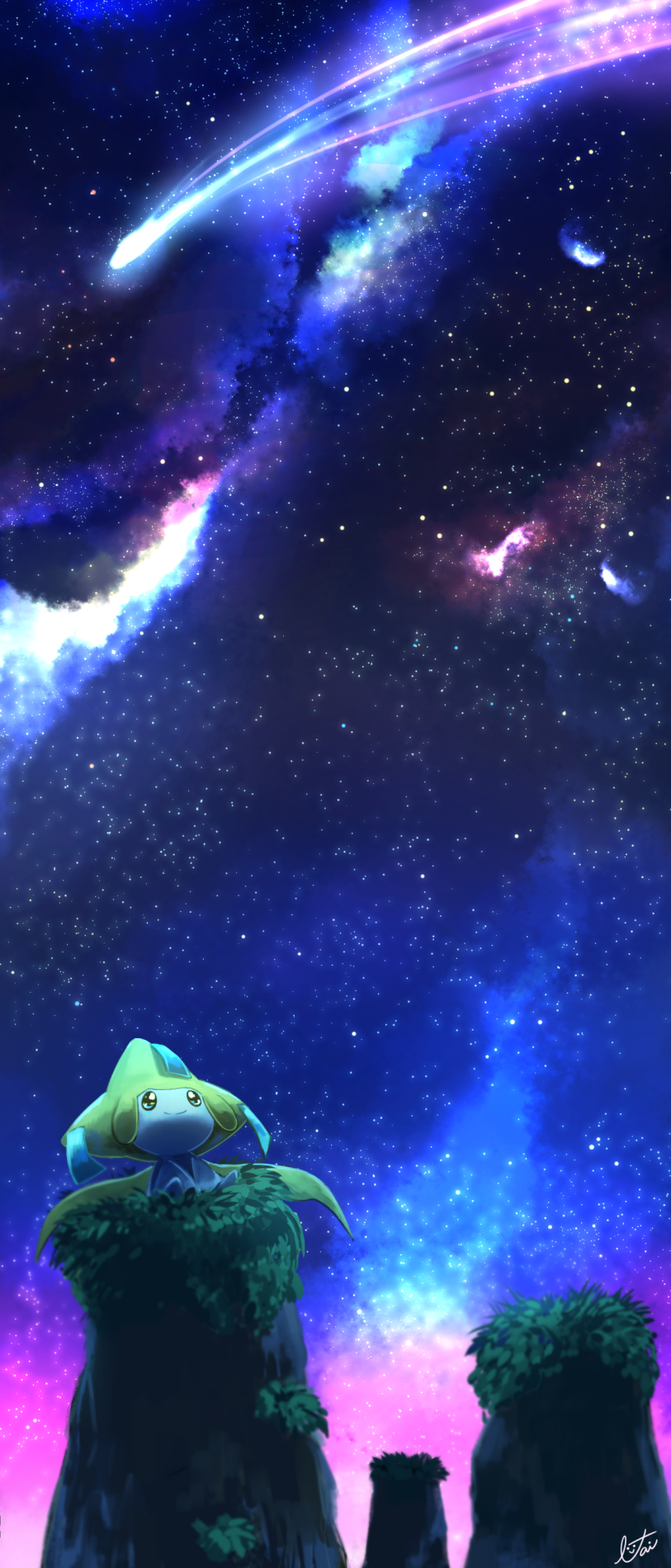 closed_mouth commentary commentary_request creature dark gen_3_pokemon green_eyes highres jirachi lai_(pixiv1814979) looking_afar looking_away looking_up night night_sky no_humans pokemon pokemon_(creature) scenery shooting_star signature sitting sky smile solo star_(sky) starry_sky
