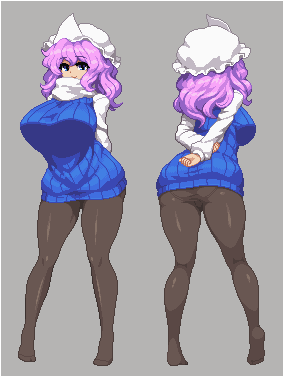 1girl alternate_costume arms_behind_back ass blue_eyes breasts brown_legwear full_body grey_background hat large_breasts letty_whiterock lowres multiple_views no_pants pantyhose pixel_art purple_hair ribbed_sweater scarf simple_background smile solo standing sweater takorin touhou