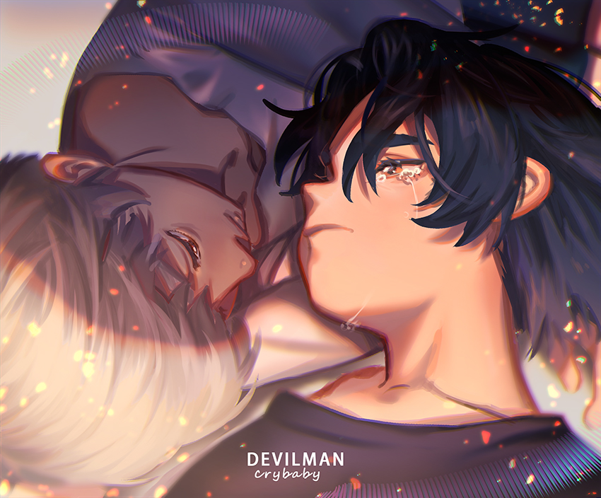 2boys asuka_ryou black_hair blonde_hair blurry brant0815 chromatic_aberration close-up closed_mouth copyright_name crying crying_with_eyes_open depth_of_field devilman devilman_crybaby face fudou_akira lying male_focus multiple_boys short_hair tears younger
