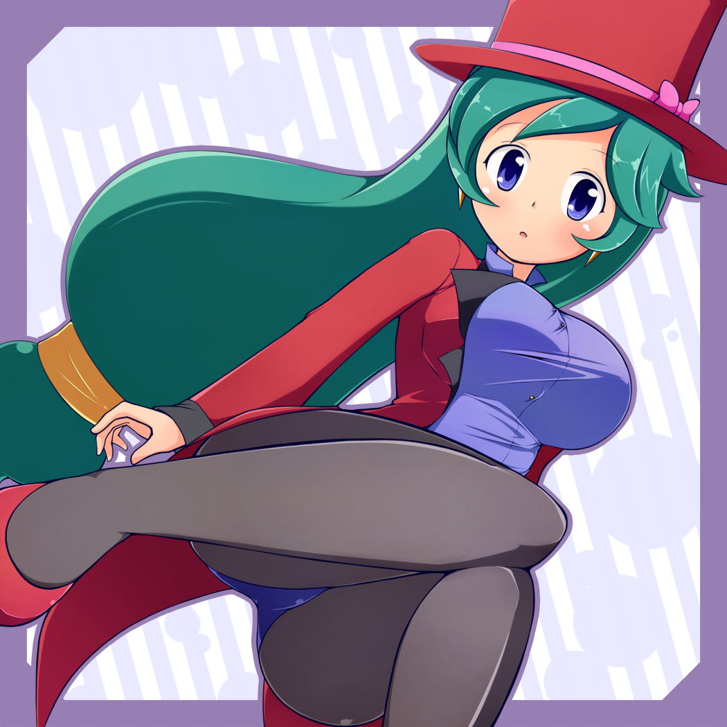 1girl a-ktoo black_legwear blue_eyes blue_leotard breasts earrings formal green_hair hat high_heels jacket jewelry large_breasts leotard long_hair looking_at_viewer magician open_mouth pantyhose pokemon pokemon_(anime) shizue_(pokemon) solo suit tailcoat top_hat