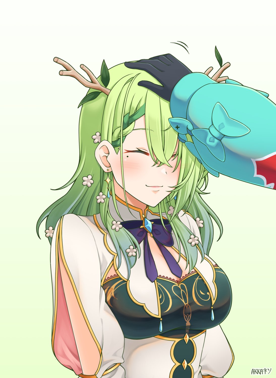 akkanen antlers bangs blush bow braid braided_bangs branch brooch ceres_fauna flower gloves green_hair hair_flower hair_ornament hakos_baelz highres hololive hololive_english jewelry long_hair mole mole_under_eye multicolored_hair multiple_girls petting virtual_youtuber