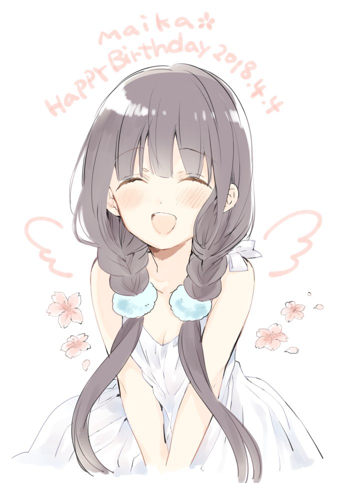 1girl :d ^_^ bangs bare_shoulders blend_s blush brown_hair character_name closed_eyes collarbone commentary_request dated drawn_wings dress eyebrows_visible_through_hair facing_viewer hair_ornament happy_birthday long_hair low_twintails nakayama_miyuki open_mouth sakuranomiya_maika sleeveless sleeveless_dress smile solo twintails upper_teeth v_arms very_long_hair white_background white_dress