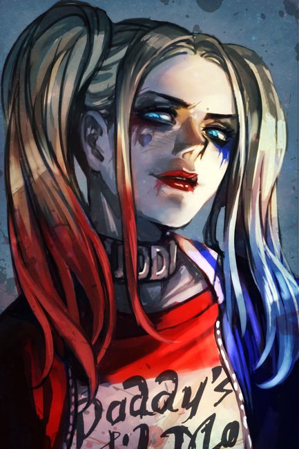 1girl batman_(series) blonde_hair clothes_writing collar facepaint gradient_hair hankuri harley_quinn jacket jewelry light_smile lipstick looking_at_viewer makeup multicolored multicolored_clothes multicolored_hair pale_skin parted_lips red_lipstick shirt smile solo twintails upper_body