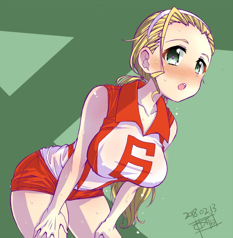 1girl alternate_eye_color artist_name blonde_hair breasts collarbone commentary cowboy_shot dated dripping fujimaru_arikui girls_und_panzer green_background green_eyes hair_pulled_back hairband hands_on_legs large_breasts leaning_forward long_hair looking_at_viewer open_mouth red_shirt red_shorts sasaki_akebi shirt short_shorts shorts signature sleeveless sleeveless_shirt solo sportswear standing sweat sweating volleyball_uniform white_hairband