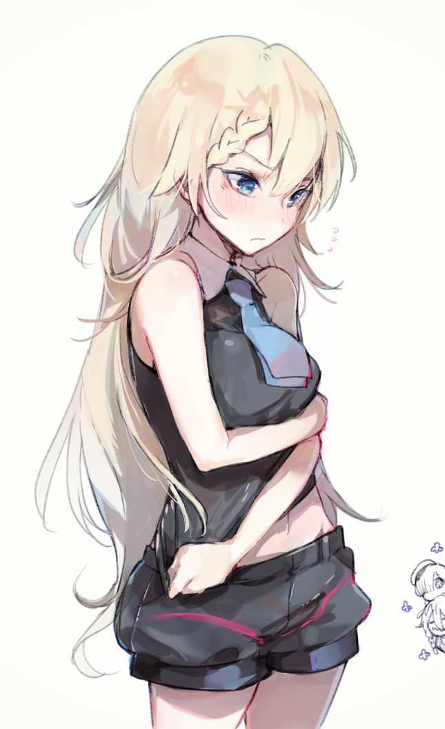 1girl 3girls alternate_costume arm_across_waist baggy_shorts bangs bare_arms bare_shoulders black_shirt blonde_hair blue_eyes blue_neckwear blush braid breasts collar commentary_request cowboy_shot embarrassed eyebrows_visible_through_hair flying_sweatdrops g36_(girls_frontline) g36c_(girls_frontline) girls_frontline long_hair looking_down medium_breasts messy_hair midriff multiple_girls navel necktie shirt short_shorts shorts shuzi simple_background sleeveless sleeveless_shirt solo stomach thighs very_long_hair white_background xm8_(girls_frontline)