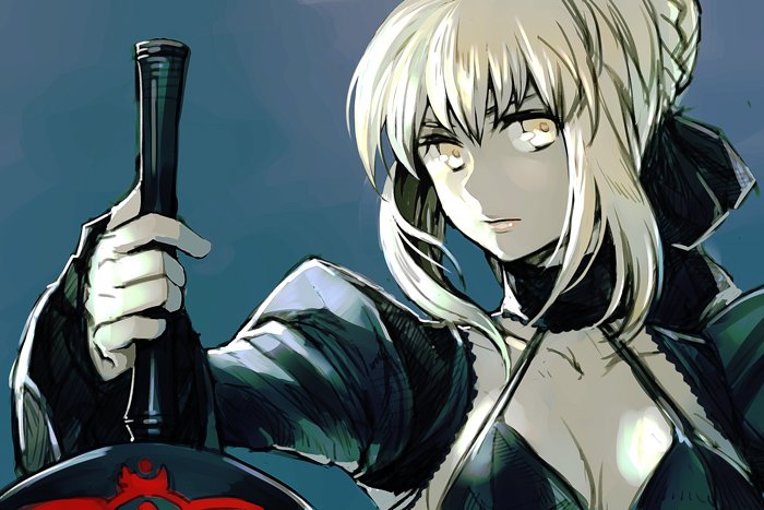 1girl artoria_pendragon_(all) black_bra blonde_hair blue_background bra braid closed_mouth collar dark_excalibur fate/stay_night fate_(series) hair_bun halterneck hankuri holding holding_sword holding_weapon juliet_sleeves long_sleeves looking_at_viewer puffy_sleeves saber_alter short_hair simple_background solo sword underwear upper_body weapon yellow_eyes