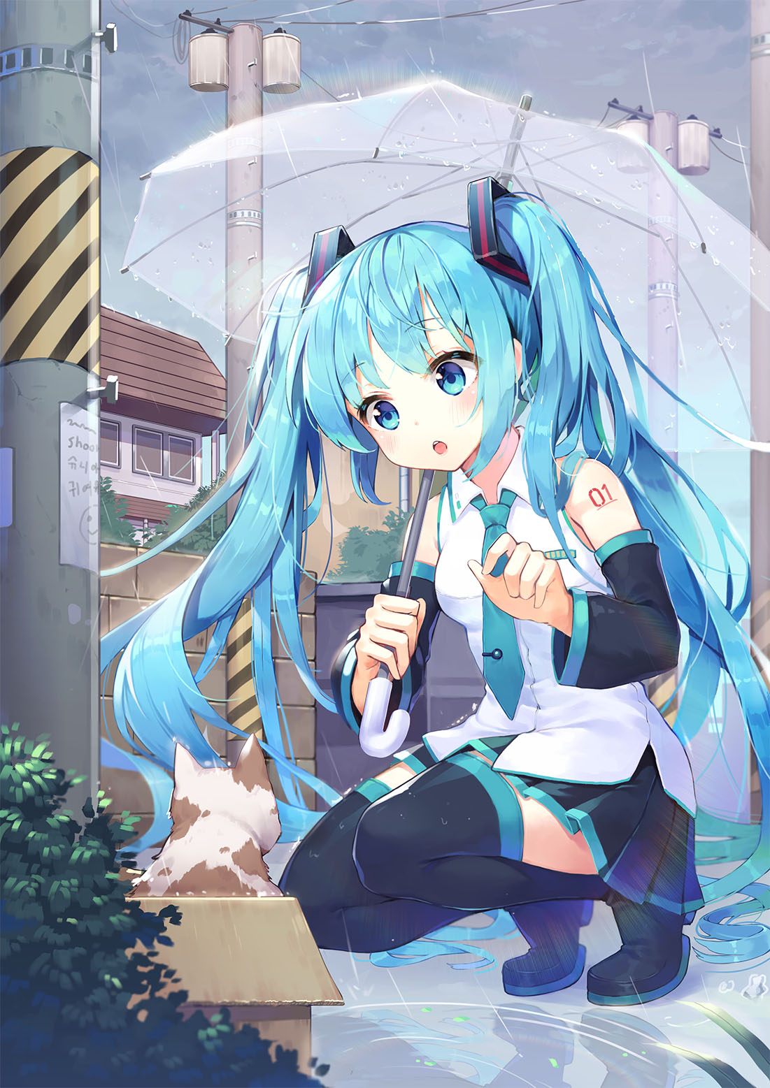 1girl :o animal bangs bare_shoulders black_footwear black_skirt blue_eyes blue_hair blue_neckwear blush boots box breasts building cardboard_box cat clouds cloudy_sky collared_shirt day detached_sleeves eyebrows_visible_through_hair full_body hatsune_miku highres holding holding_umbrella house long_hair long_sleeves necktie note number_tattoo open_mouth outdoors pleated_skirt puddle rain reflection shiny shiny_hair shirt shoonia shoulder_tattoo skirt sky small_breasts solo squatting swimsuit tareme tattoo telephone_pole thigh-highs thigh_boots town transparent transparent_umbrella umbrella very_long_hair vocaloid water white_shirt wing_collar zettai_ryouiki