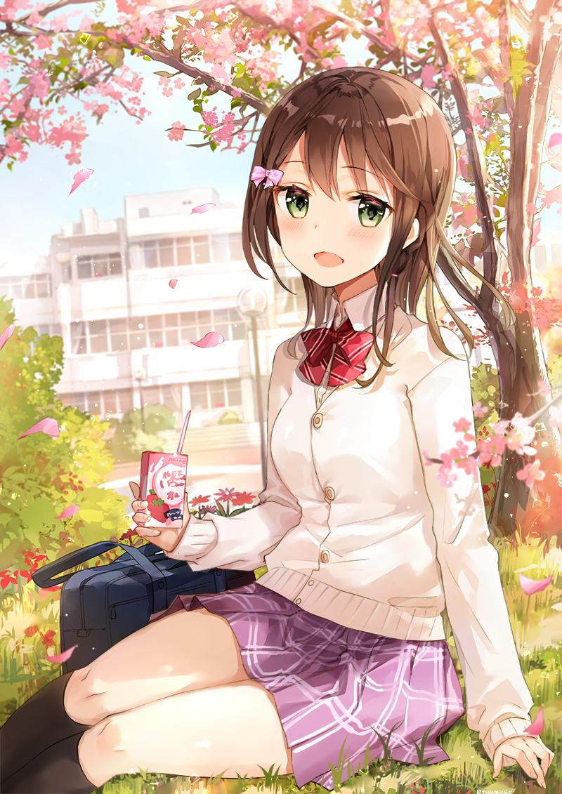 1girl arm_at_side bag bangs black_legwear blue_sky blush bow bowtie brown_hair building bush buttons cardigan cherry_blossoms day drinking_straw duffel_bag eyebrows_visible_through_hair feet_out_of_frame fuumi_(radial_engine) green_eyes hair_bow holding kneehighs long_hair long_sleeves looking_at_viewer on_grass on_ground outdoors pink_bow plaid plaid_skirt purple_skirt red_bow red_neckwear school school_bag sitting skirt sky sleeves_past_wrists solo sunlight tareme tree white_cardigan wing_collar