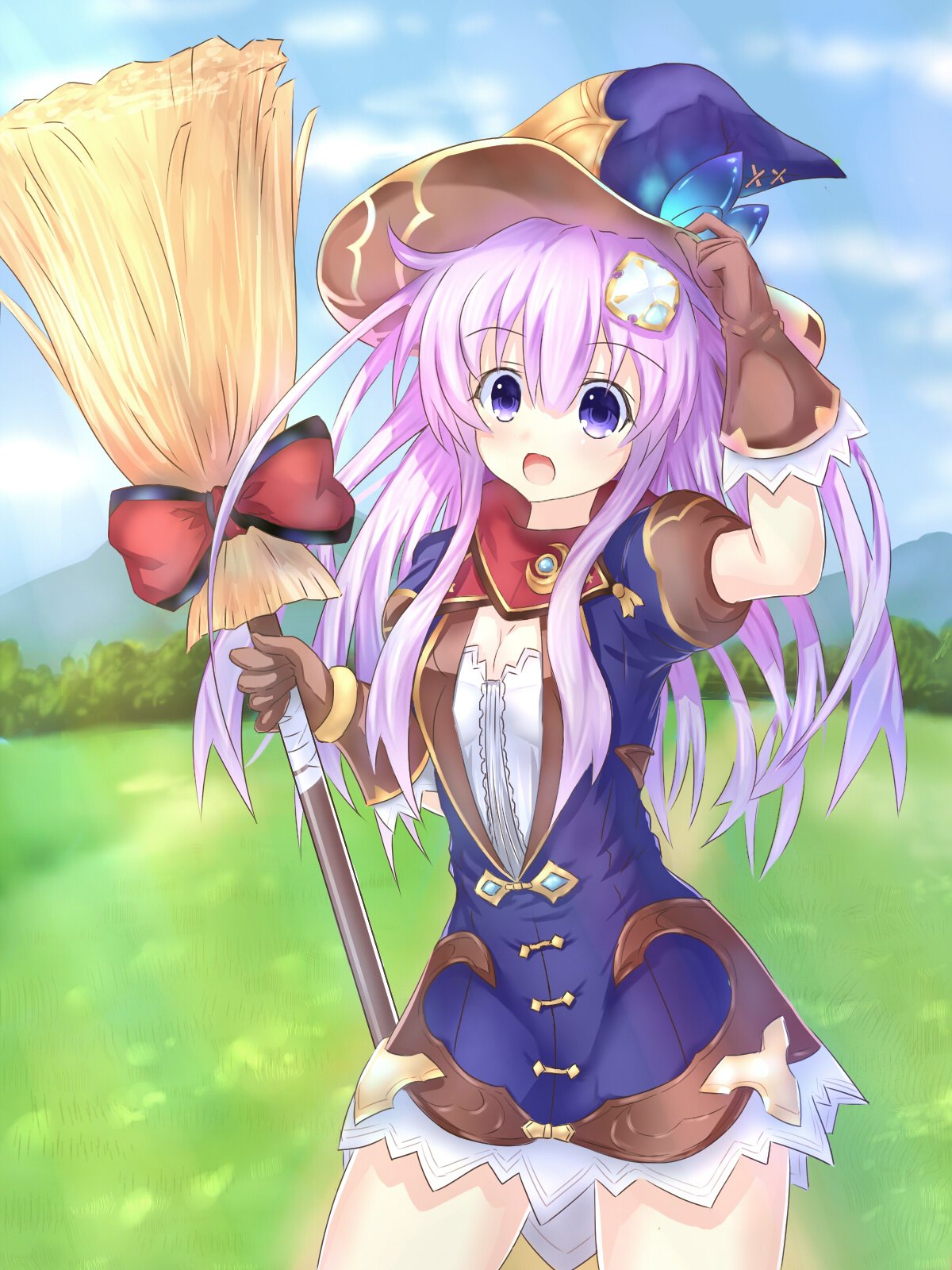 blue_skirt blue_sky broom four_goddesses_online:_cyber_dimension_neptune gloves grasslands hat highres kazuneko_(wktk1024) leather leather_gloves mountain nepgear neptune_(series) open_mouth pink_hair skirt sky tree violet_eyes wizard_hat