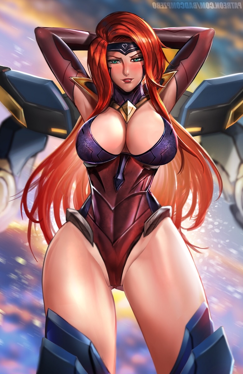 arms_behind_head arms_up badcompzero blush breasts gluteal_fold green_eyes gun_goddess_miss_fortune headband highres hips large_breasts league_of_legends lips lipstick long_hair makeup red_hair sarah_fortune solo swimsuit thick_thighs thighs very_long_hair w1girl