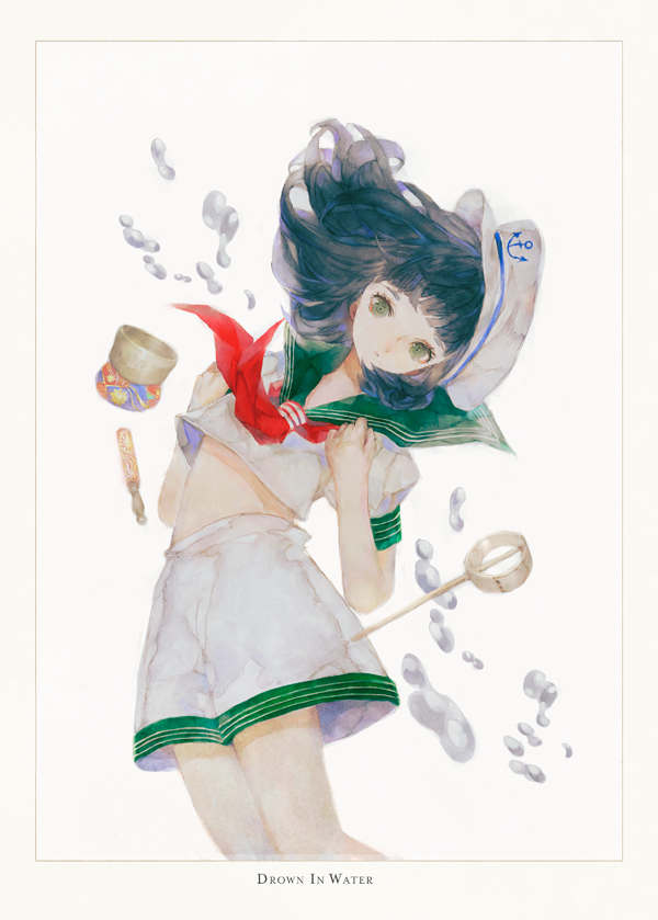 1girl anchor_symbol bangs belly_peek black_hair clenched_hands english expressionless green_eyes hands_on_own_shoulders hat hishaku looking_at_viewer murasa_minamitsu neckerchief red_neckwear sailor short_sleeves shorts simple_background solo touhou water_drop white_background white_shorts yogisya