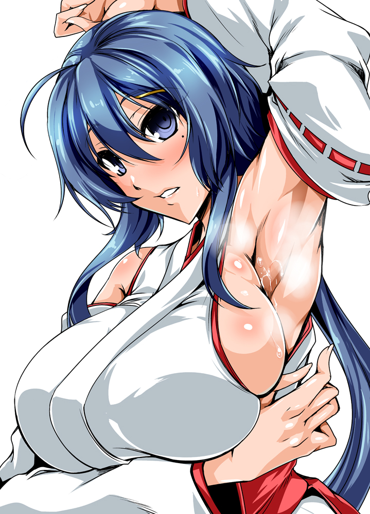 1girl ahoge armpits blue_eyes blue_hair breasts character_request commentary_request detached_sleeves eyebrows_visible_through_hair hair_between_eyes hair_ornament hairclip hakama japanese_clothes kanten large_breasts lips long_hair long_sleeves looking_at_viewer miko mole mole_under_eye red_hakama shiny shiny_hair shiny_skin simple_background solo sweat teeth toji_no_miko white_background wide_sleeves
