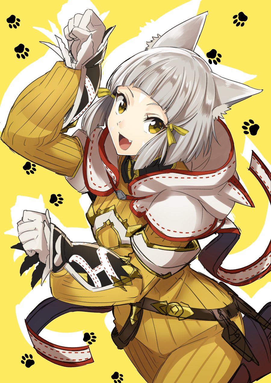 1girl animal_ears bangs blunt_bangs blush bodysuit cat_ears gloves highres hood looking_at_viewer niyah paw_pose shimo_(s_kaminaka) short_hair silver_hair simple_background smile solo white_gloves xenoblade_(series) xenoblade_2 yellow_bodysuit yellow_eyes