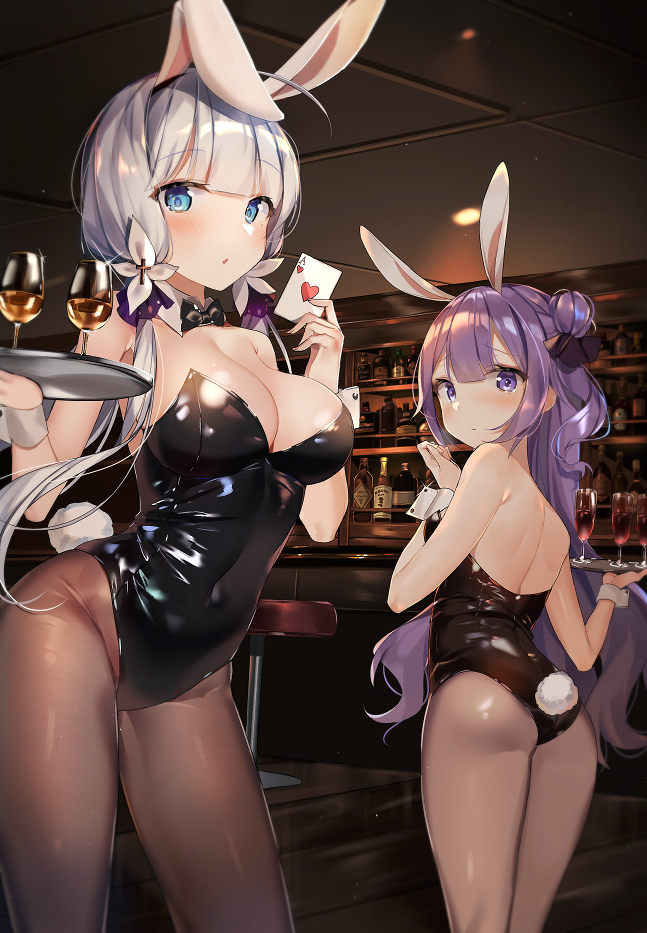 2girls azur_lane blue_eyes breasts bunnysuit card cleavage commentary_request cup drinking_glass grey_hair illustrious_(azur_lane) large_breasts multiple_girls pantyhose playing_card purple_hair sabet_(young_ouo) tray unicorn_(azur_lane) violet_eyes wine_glass