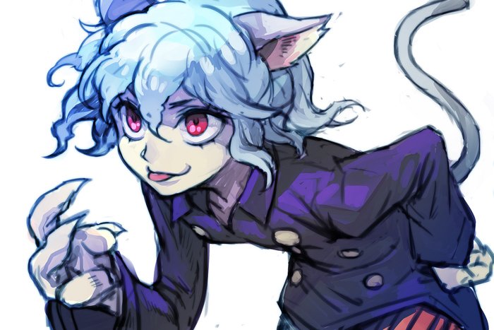 :p androgynous animal_ears bent_over blue_hair cat_ears cat_tail claws hair_between_eyes hankuri hunter_x_hunter jacket leaning_forward long_sleeves neferpitou purple_hair purple_jacket red_eyes short_hair simple_background smile tail tongue tongue_out white_background wing_collar