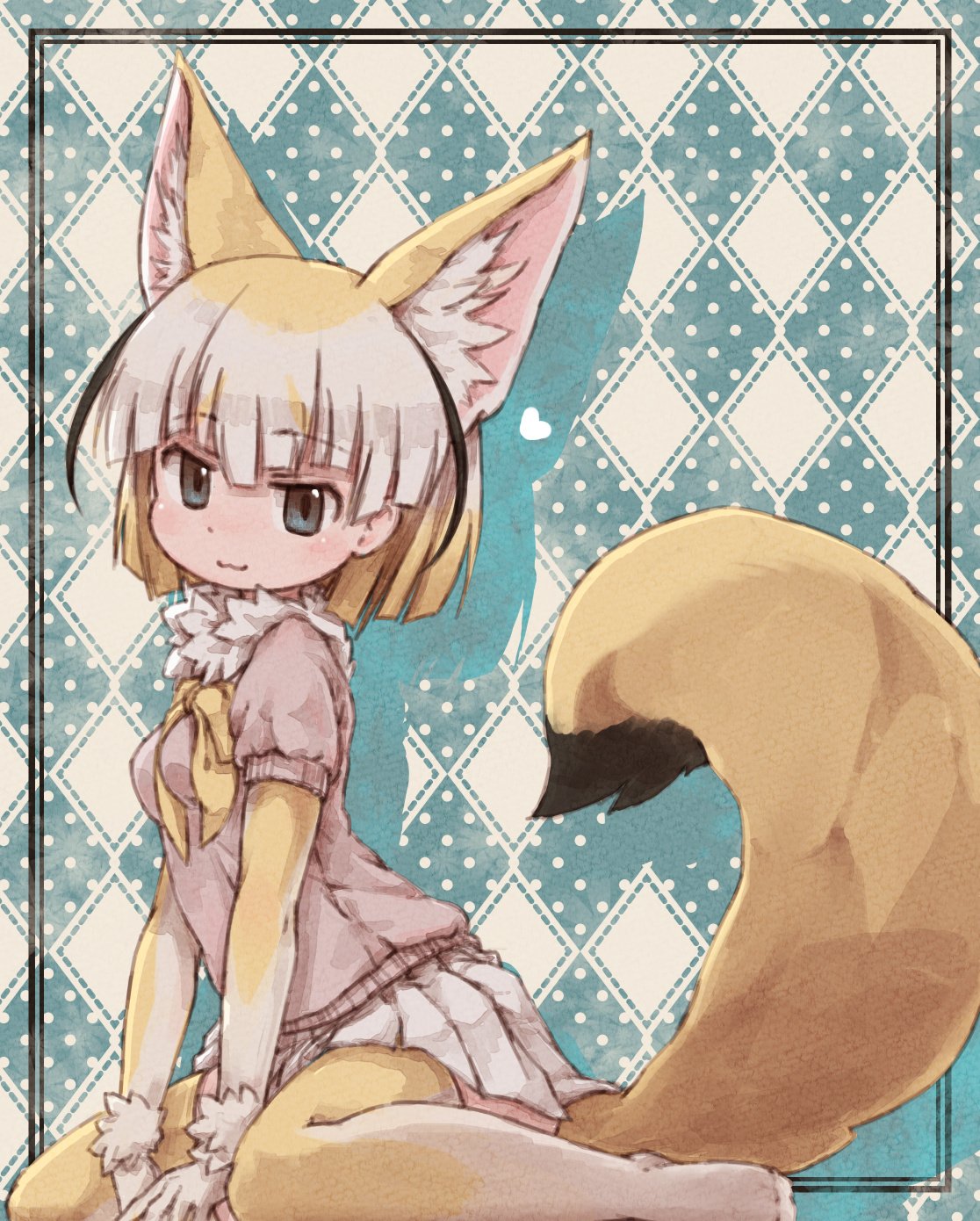 1girl :3 afterimage animal_ears arched_back argyle argyle_background bangs barefoot bent_knees between_legs black_hair blonde_hair blouse blunt_bangs blunt_ends bob_cut breasts commentary_request extra_ears eyebrows_visible_through_hair fennec_(kemono_friends) fox_ears fox_tail frame from_side fur fur_collar green_background grey_eyes hand_between_legs heart highres kemono_friends kolshica looking_at_viewer medium_breasts multicolored_hair neck_ribbon pink_blouse plaid plaid_skirt polka_dot polka_dot_background ribbon short_hair short_sleeves sitting skirt solo streaked_hair tail wariza white_hair white_skirt yellow_neckwear