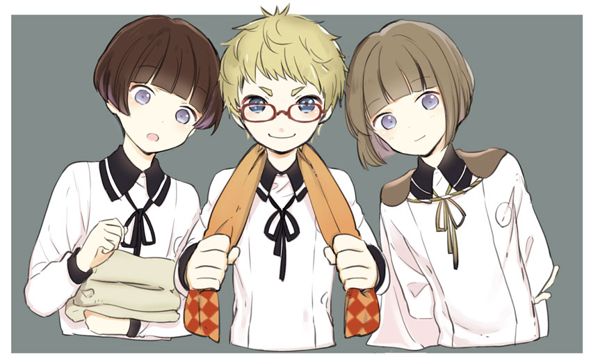 3boys blonde_hair blue_eyes bob_cut brown_hair cape cropped_torso glasses hakata_toushirou hirano_toushirou kuronomine maeda_toushirou male_focus multiple_boys red-framed_eyewear smile touken_ranbu towel towel_around_neck