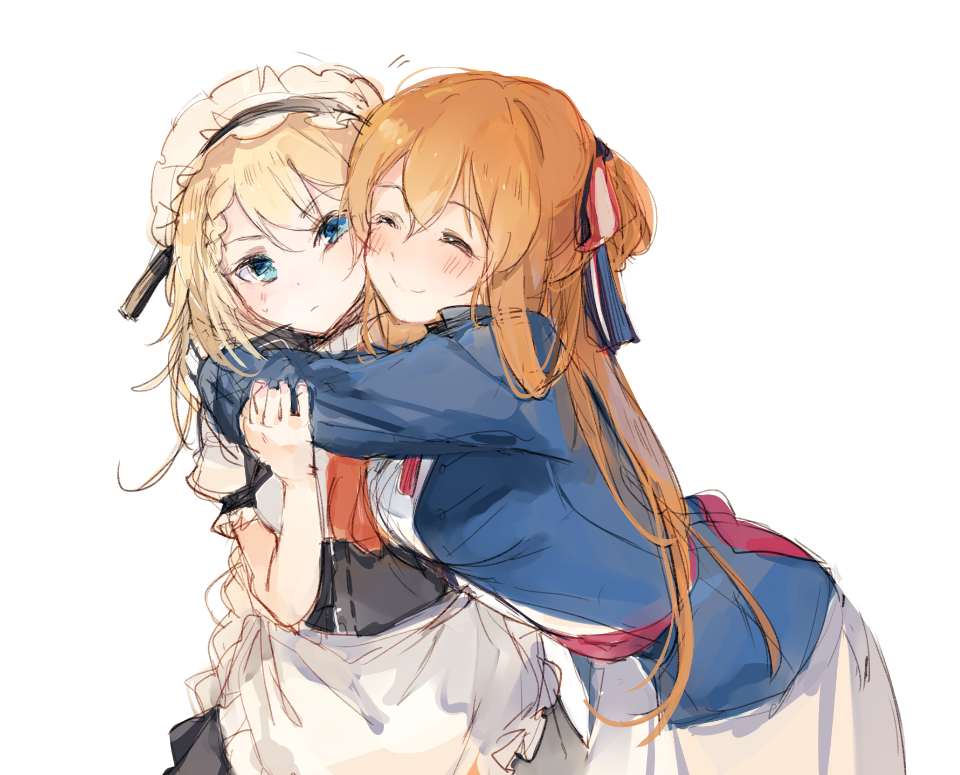 1girl 2girls apron bangs blonde_hair blue_eyes blush braid breasts brown_hair cheek-to-cheek commentary_request dress eyebrows_visible_through_hair g36_(girls_frontline) girls_frontline gloves hair_between_eyes hair_ribbon hair_rings hand_on_another's_arm hug large_breasts long_hair long_sleeves looking_at_viewer m1903_springfield_(girls_frontline) maid maid_apron maid_headdress medium_breasts multiple_girls ponytail ribbon shirt shuzi sidelocks simple_background smile sweatdrop white_background white_gloves