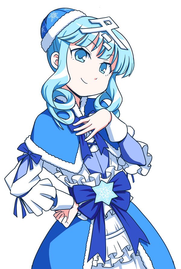 1girl anbe_masahiro bangs blue_bow blue_capelet blue_dress blue_eyes blue_hair blue_hat bow closed_mouth commentary_request dress drill_hair eyebrows_visible_through_hair frilled_sleeves frills fumi-chan_(nhk) hair_ornament hand_on_hip hand_on_own_chest hat head_tilt kanji long_sleeves looking_at_viewer medium_dress nippon_housou_kyoukai short_hair sidelocks simple_background smile solo standing twin_drills upper_body white_background