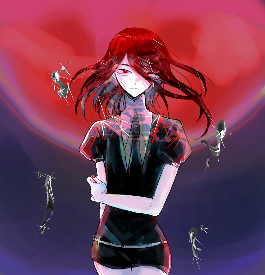 androgynous gem_uniform_(houseki_no_kuni) hair_over_one_eye holding_own_arm houseki_no_kuni looking_at_viewer mercury moon necktie red_eyes red_moon redhead shinsha_(houseki_no_kuni) short_hair solo sparkle