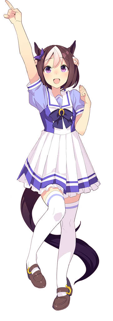 1girl :d animal_ears arm_up brown_footwear full_body horse_ears horse_tail index_finger_raised multicolored_hair official_art open_mouth pleated_skirt school_uniform serafuku skirt smile solo special_week standing tail thigh-highs transparent_background two-tone_hair umamusume violet_eyes white_legwear white_skirt zettai_ryouiki