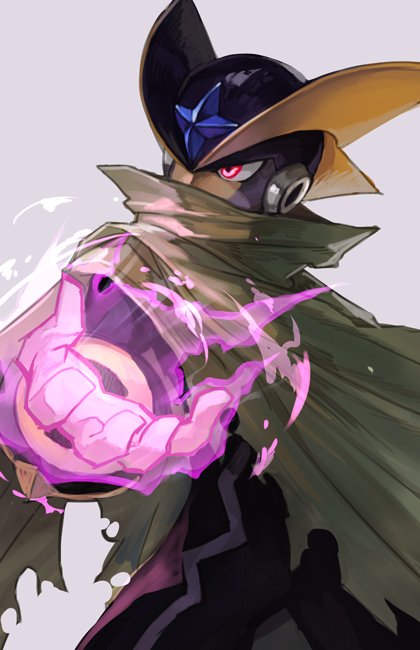 1boy cape covered_mouth cowboy_shot forte_exe grey_background hankuri helmet male_focus open_hand red_eyes robot rockman rockman_exe simple_background solo standing