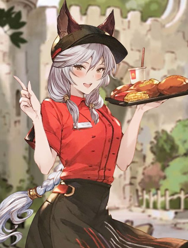 1girl commentary_request derivative_work erune granblue_fantasy heles mcdonald's photoshop solo