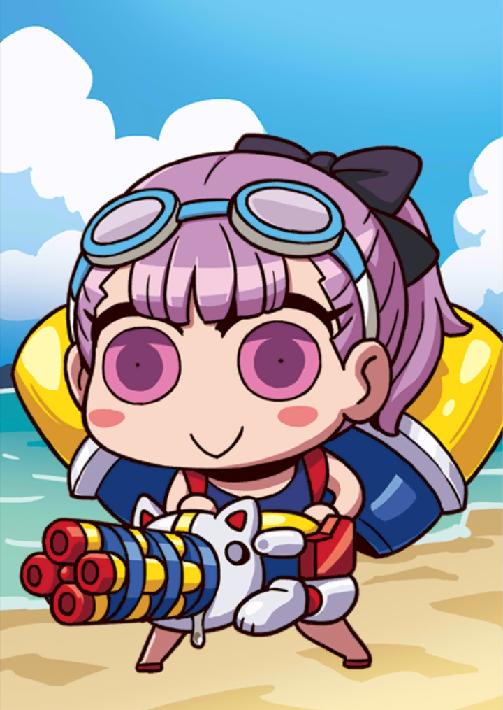 1girl :&gt; april_fools beach black_bow blue_sky blush_stickers bow chibi clouds fate/grand_order fate_(series) gatling_gun goggles goggles_on_head hair_bow helena_blavatsky_(swimsuit_archer)_(fate) holding holding_water_gun no_nose official_art purple_hair riyo_(lyomsnpmp) sky solo violet_eyes water water_gun