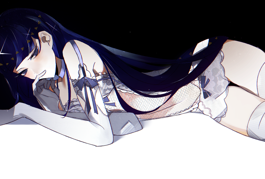 alternate_costume androgynous bangs black_background blue_eyes blue_hair blue_ribbon blunt_bangs blush covering_mouth elbow_gloves finger_to_mouth gloves hiiragi_mina houseki_no_kuni lapis_lazuli_(houseki_no_kuni) lingerie long_hair looking_at_viewer lying on_side ribbon simple_background underwear very_long_hair