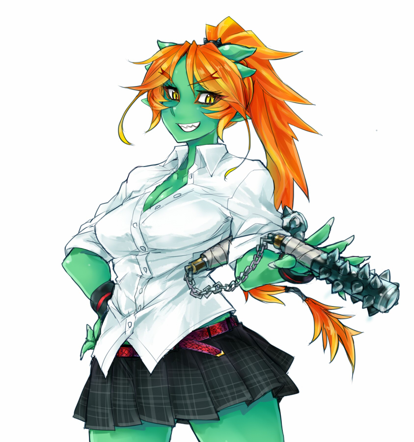 1girl bangs black_skirt breasts cleavage collared_shirt contrapposto eyebrows_visible_through_hair green_eyes green_skin grin holding holding_weapon horns large_breasts long_hair multicolored_hair oni orange_hair original parted_bangs pleated_skirt ponytail school_uniform shirt simple_background skirt skj slit_pupils smile solo standing streaked_hair very_long_hair weapon white_background white_shirt wing_collar wristband yellow_eyes