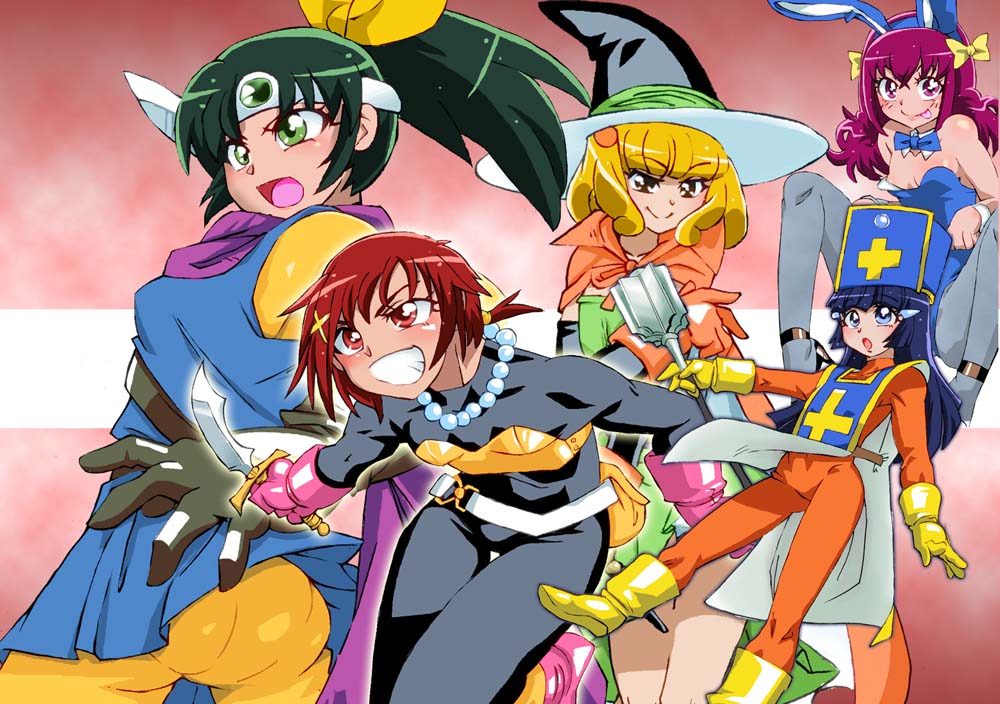 5girls aoki_reika blonde_hair breasts commentary_request cosplay dragon_quest dragon_quest_iii gloves graphite_(medium) hino_akane_(smile_precure!) hoshizora_miyuki jester_(dq3) jester_(dq3)_(cosplay) kise_yayoi long_hair mage_(dq3) mage_(dq3)_(cosplay) midorikawa_nao millipen_(medium) multiple_girls onnaski precure priest_(dq3) priest_(dq3)_(cosplay) redhead roto roto_(cosplay) short_hair smile smile_precure! thief_(dq3) thief_(dq3)_(cosplay) traditional_media