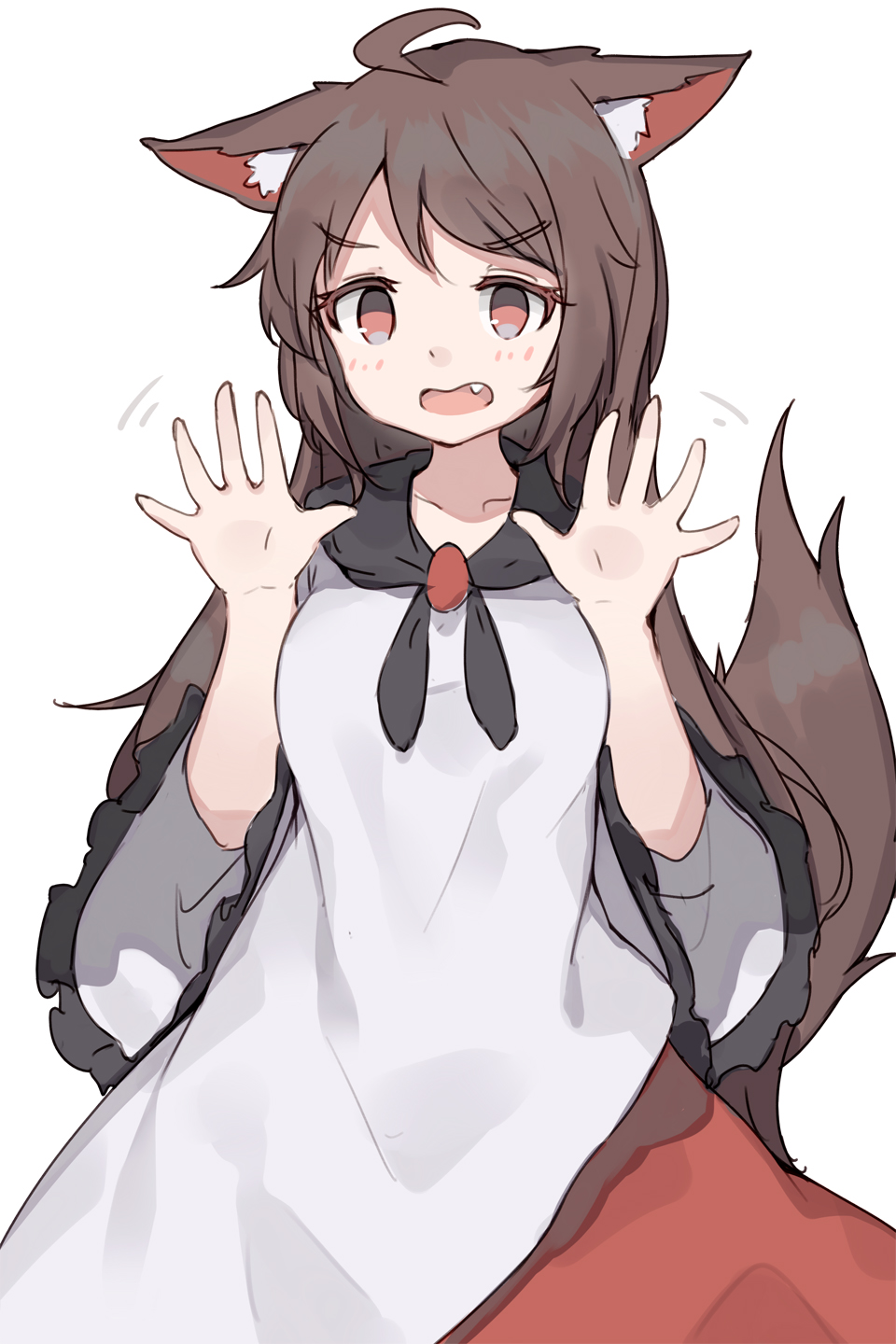 1girl ahoge animal_ears brown_eyes brown_hair commentary dress eyebrows_visible_through_hair fang frilled_sleeves frills hands_up highres imaizumi_kagerou long_hair looking_at_viewer motion_lines open_mouth shone simple_background solo tail touhou white_background wide_sleeves wolf_ears wolf_tail