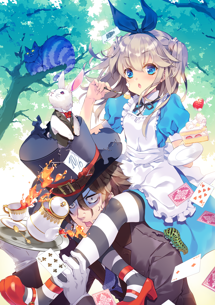 1boy 1girl ace_of_spades alice_(wonderland) anger_vein animal apron bangs black_hat black_jacket blue_dress blue_eyes blue_ribbon blush brown_hair cake card carrying cat cheshire_cat clothed_animal collared_shirt commentary_request cup diamond_(shape) dress eyebrows_visible_through_hair food food_on_face fork frilled_apron frills fruit gloves hair_between_eyes hair_ribbon hat holding holding_fork holding_plate jacket light_brown_hair long_hair mad_hatter maid_apron mary_janes original oswald_musashi pantyhose parted_lips plate playing_card puffy_short_sleeves puffy_sleeves red_footwear ribbon saucer shirt shoes short_sleeves shoulder_carry sleeveless sleeveless_jacket sleeveless_shirt slice_of_cake spade_(shape) strawberry striped striped_legwear tea teacup teapot top_hat torn_clothes torn_hat tray two_side_up white_apron white_gloves white_rabbit white_shirt