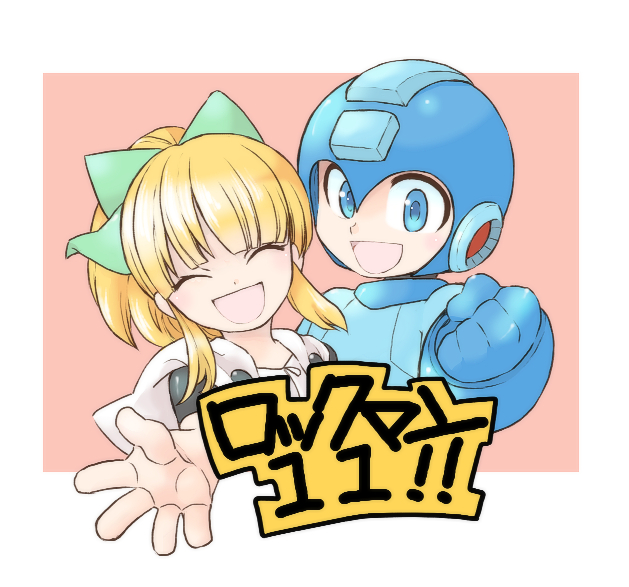 ! 1boy 1girl blonde_hair blue_eyes blue_gloves border bow capcom child clenched_hand closed_eyes commentary_request copyright_name fringe gloves hair_bow hair_ornament helmet high_ponytail hood hood_down hoodie open_mouth ponytail rockman rockman_(character) rockman_(classic) rockman_11 roll sidelocks smile text tobitori