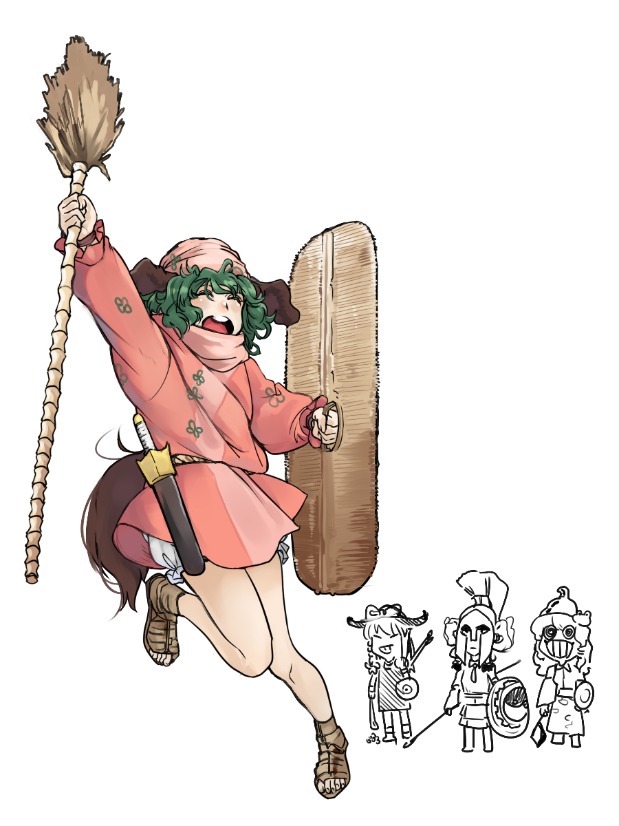 armor bamboo_broom belt bitchcraft123 broom buckler character_request closed_eyes commentary_request green_hair hakurei_reimu hat helmet highres holding_shield hoplite jumping kasodani_kyouko kirisame_marisa kochiya_sanae long_sleeves multiple_girls one_leg_raised open_mouth outstretched_arm pink_hat sandals sheath sheathed shield short_hair shouting sling_(weapon) sword tongue tongue_out touhou tunic weapon white_background