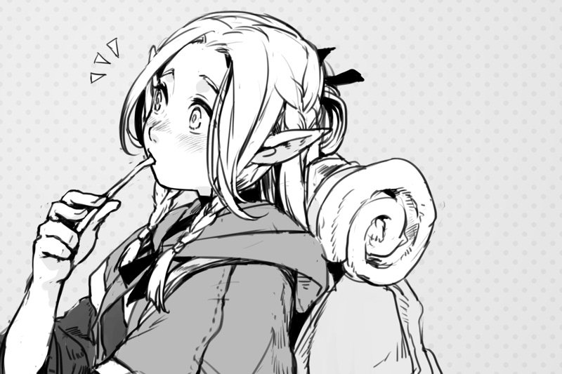 1girl backpack bag bangs blush braid commentary_request dungeon_meshi eating elf from_side greyscale hand_up hankuri holding long_hair marcille monochrome notice_lines parted_bangs pointy_ears polka_dot polka_dot_background robe solo wide-eyed