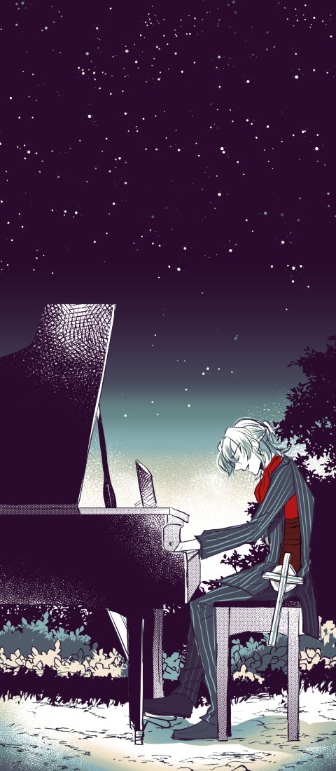 1boy antonio_salieri_(fate/grand_order) cross fate/grand_order fate_(series) formal instrument music night night_sky piano piano_bench playing_instrument scarf sky spot_color star_(sky) starry_sky striped_suit suit tree