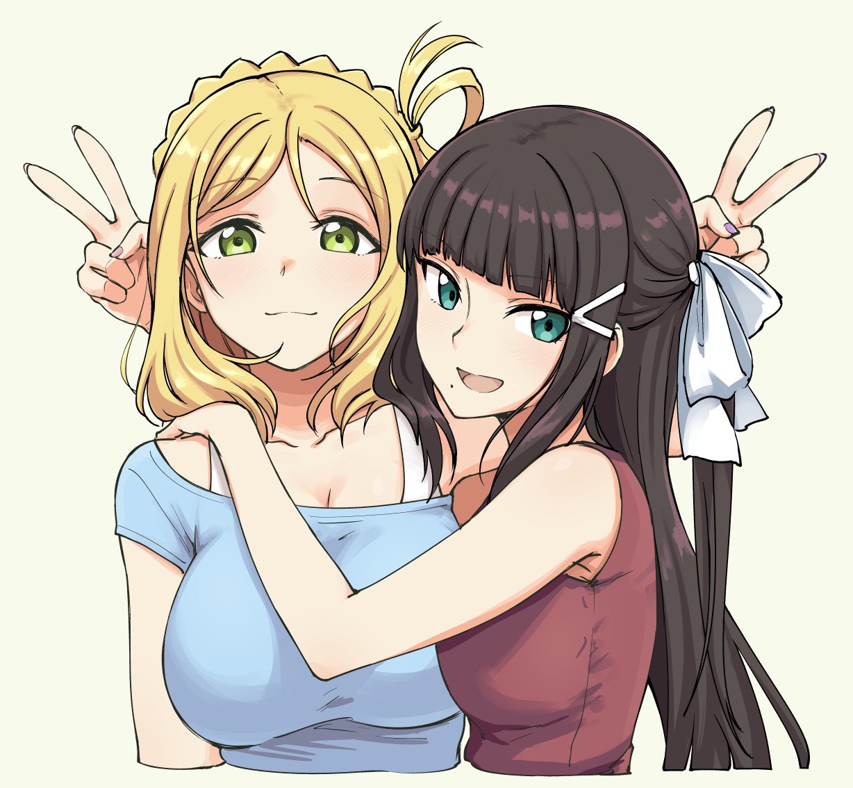 2girls :3 bangs black_hair blonde_hair blunt_bangs braid breasts brown_hair commentary french_braid green_eyes hair_ornament hairclip kurosawa_dia large_breasts long_hair looking_at_viewer love_live! love_live!_sunshine!! medium_hair mole mole_under_mouth multiple_girls ohara_mari one_side_up pas_(paxiti) sidelocks simple_background smile upper_body v