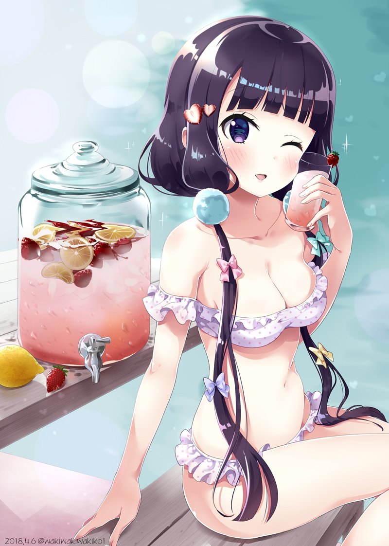 1girl bangs bare_arms bare_shoulders bench bikini blend_s blush bow breasts cleavage collarbone commentary_request cup dated drinking_glass fingernails food food_themed_hair_ornament fruit green_bow hair_bow hair_ornament head_tilt holding holding_drinking_glass lemon lemon_slice long_hair looking_at_viewer low_twintails medium_breasts navel neki_(wakiko) on_bench one_eye_closed parted_lips pink_bow polka_dot polka_dot_bikini purple_bow purple_hair sakuranomiya_maika sitting solo sparkle strapless strapless_bikini strawberry strawberry_hair_ornament swimsuit table twintails twitter_username very_long_hair violet_eyes white_bikini yellow_bow