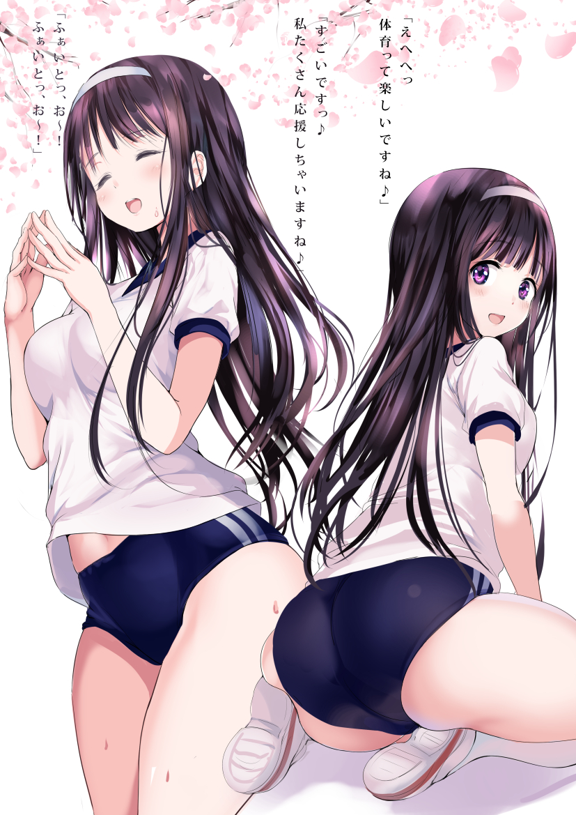 1girl ^_^ ass bangs black_hair blush breasts buruma cherry_blossoms closed_eyes commentary_request cowboy_shot double_stripe gorua_(youce01) gym_uniform hairband hands_up kneehighs long_hair medium_breasts multiple_views navel open_mouth original own_hands_together revision shoes short_sleeves sidelocks sitting smile straight_hair sweat thighs uwabaki violet_eyes wariza white_legwear