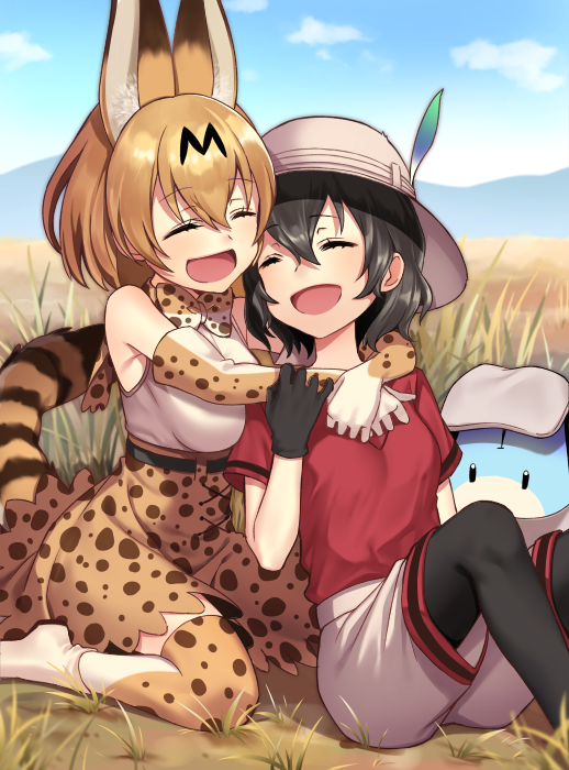 2girls animal_ears bag bare_shoulders black_hair blonde_hair bow bowtie bucket_hat closed_eyes elbow_gloves eyebrows_visible_through_hair feathers gloves hand_on_another's_arm hat hug hug_from_behind kaban_(kemono_friends) kemono_friends lucky_beast_(kemono_friends) minami_ikkei multicolored_hair multiple_girls open_mouth pantyhose seiza serval_(kemono_friends) serval_ears serval_print serval_tail shirt short_hair shorts sitting skirt smile t-shirt tail thigh-highs