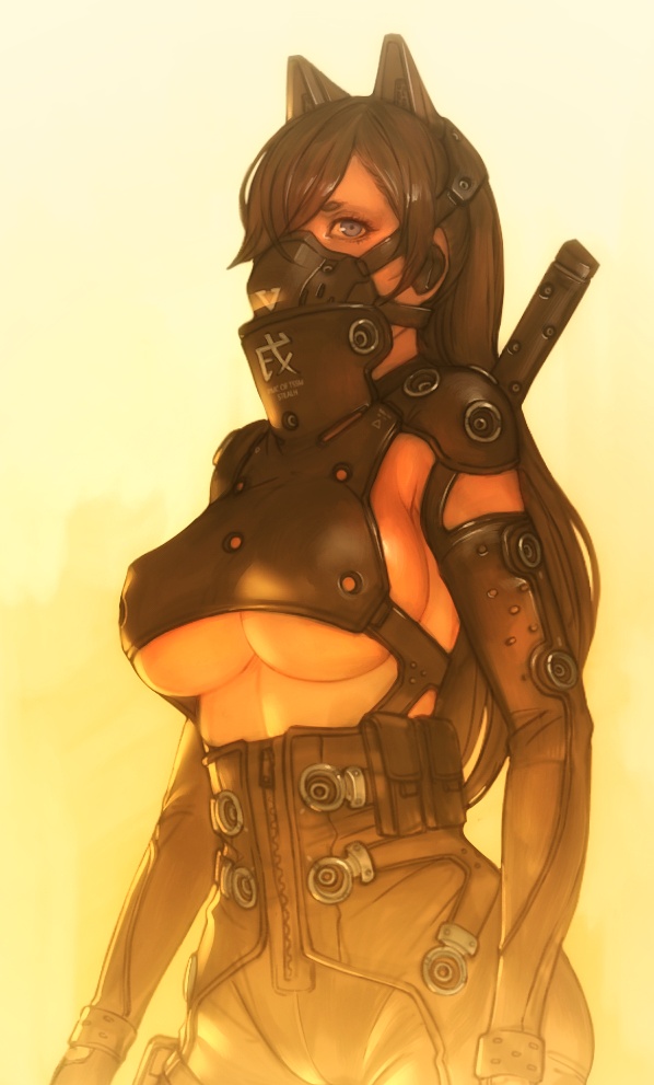 1girl armor arms_at_sides bangs black_hair breasts formal gas_mask gradient gradient_background grey_eyes hair_over_one_eye long_hair looking_at_viewer mask ninja original parted_bangs pouch simple_background standing suit under_boob wei_(kaminari0411) zipper