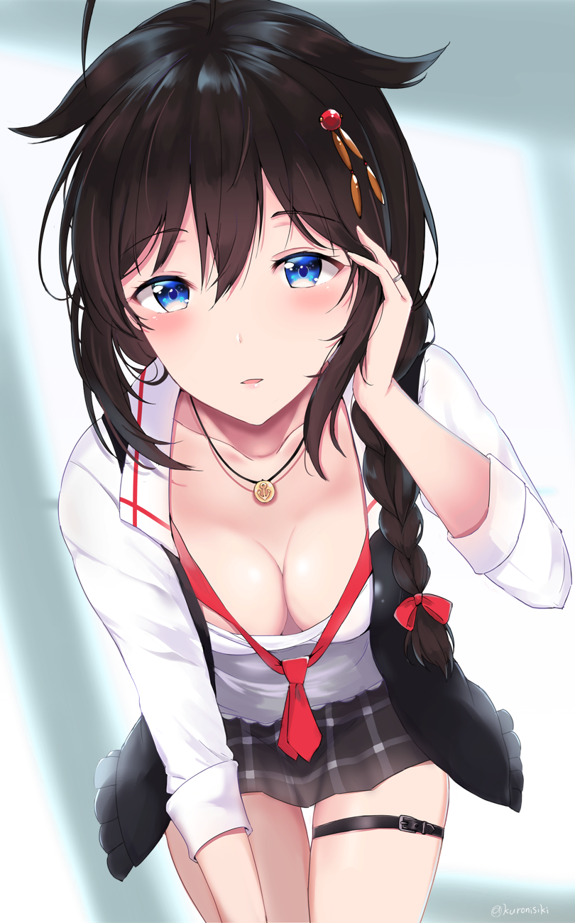 1girl adjusting_hair ahoge alternate_costume anchor_symbol bangs black_skirt blue_eyes blush braid breasts brown_hair buckle casual cleavage collared_shirt commentary_request cowboy_shot day eyebrows_visible_through_hair hair_flaps hair_ornament hair_over_shoulder hair_ribbon highres jacket jewelry kantai_collection leaning_forward long_sleeves looking_at_viewer medium_breasts necklace necktie open_clothes open_jacket open_mouth red_neckwear red_ribbon remodel_(kantai_collection) ribbon ring shigure_(kantai_collection) shirt short_hair sidelocks single_braid skindentation skirt sleeves_folded_up smile solo takaharu thigh_strap thighs twitter_username wedding_band