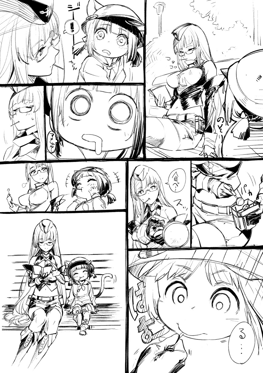 ! +++ 2girls ^_^ animal_ears azur_lane bare_shoulders belt bench blush book boots breasts candy cat_ears cat_girl cat_tail closed_eyes closed_mouth comic commentary_request drooling ears_through_headwear food garrison_cap glasses gneisenau_(azur_lane) greyscale hands_on_own_cheeks hands_on_own_face hat highres holding holding_book holding_lollipop kindergarten_uniform knee_boots large_breasts lifebuoy lollipop long_hair long_sleeves loose_socks midriff monochrome mouth_hold multiple_girls mutsuki_(azur_lane) navel neckerchief o_o on_bench open_book outdoors pleated_skirt reading school_hat shimotsuki_eight shirt shoes short_twintails sitting skirt sleeveless sleeveless_shirt spoken_exclamation_mark sweat tail translated twintails very_long_hair