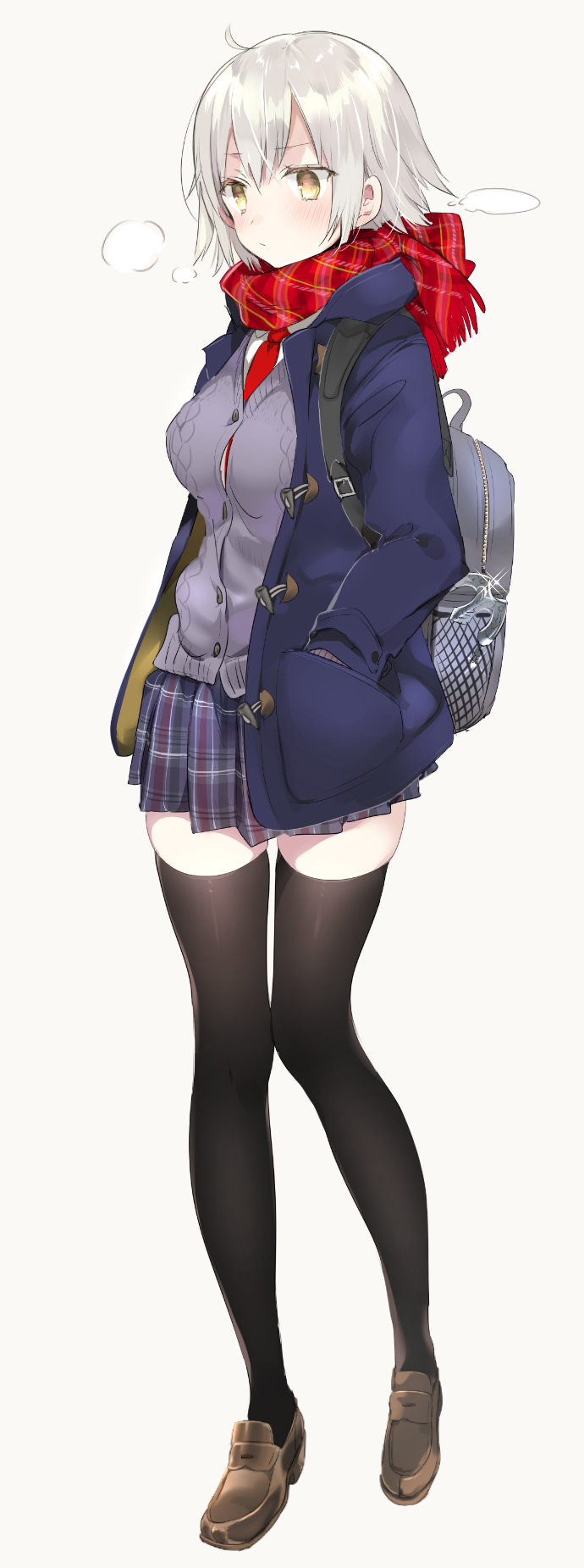 1girl adapted_object aran_sweater backpack bag beige_background black_legwear blush breasts breath cardigan casual contemporary duffel_coat fate/grand_order fate_(series) full_body glint hand_in_pocket highres jeanne_d'arc_(alter)_(fate) jeanne_d'arc_(fate)_(all) loafers long_sleeves medium_breasts necktie plaid plaid_scarf plaid_skirt pleated_skirt raincoat red_scarf scarf school_uniform shoes short_hair silver_hair simple_background sino_(sionori) skirt solo standing sweater thigh-highs yellow_eyes zettai_ryouiki