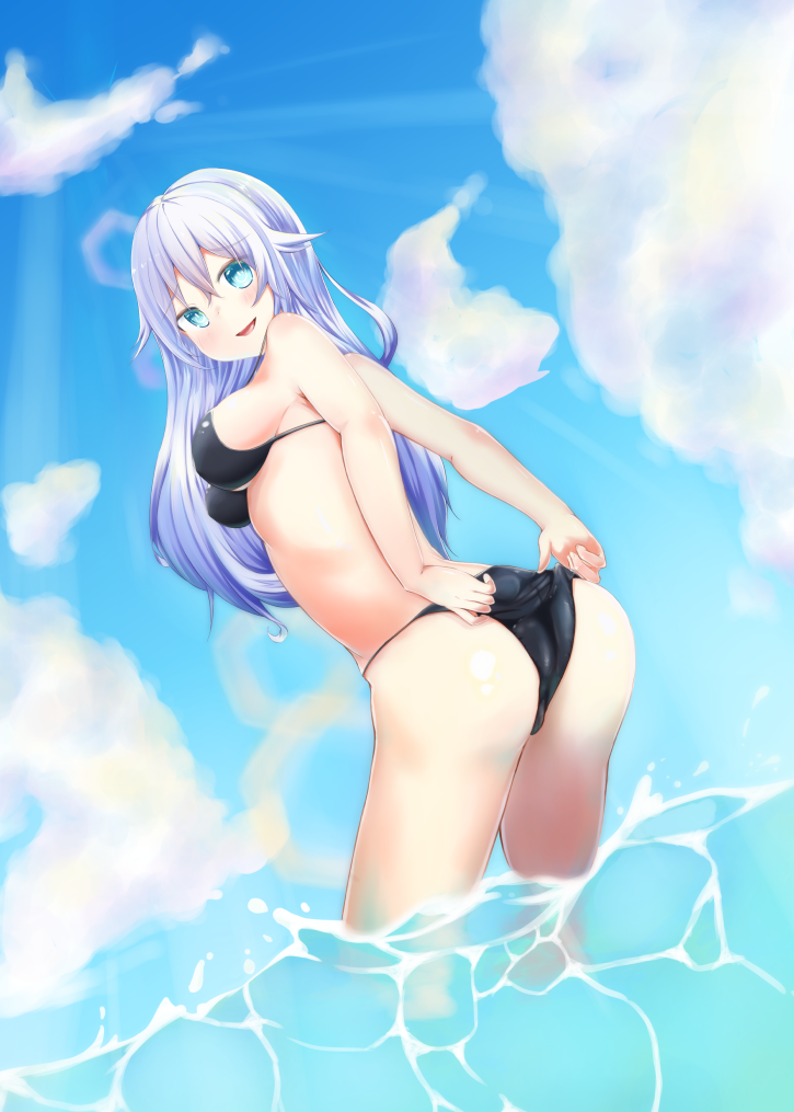 1girl ashita_no_sakuya ass bare_shoulders bikini black_bikini black_heart blue_eyes breasts day from_behind in_water leaning_forward long_hair looking_at_viewer looking_back medium_breasts neptune_(series) outdoors power_symbol silver_hair solo standing swimsuit symbol-shaped_pupils