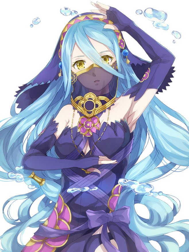 1girl aqua_(fire_emblem_if) blue_hair earrings elbow_gloves fingerless_gloves fire_emblem fire_emblem_if gloves jewelry jurge long_hair looking_at_viewer necklace simple_background solo veil water white_background yellow_eyes
